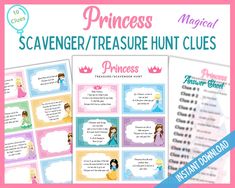 the princess scavenger / treasure hunt clues are on display in this printable game