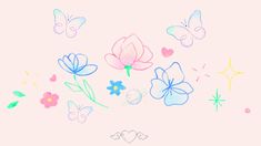 a drawing of flowers and butterflies on a pink background