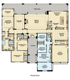 the first floor plan for this house is very large and has two master suites on each side