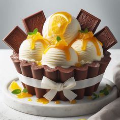 a cupcake with ice cream, orange slices and chocolate pieces on the top is sitting on a plate