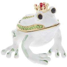 The best kept hiding places are those in plain sight! Keep your special jewelry pieces hidden away and safe with Crowned Frog Jewelry Box. This enchanting metal jewelry box is shaped like a frog with a glossy white finish accented in green and a red and gold crown adorned to the top of its head.   Green rhinestones create lines down the length of its back and along the edges of its mouth which also serve as the opening seam to a magnetic compartment you can use to store your smaller jewelry piec Owl Wings, Small Crown, Frog Jewelry, Frog Sitting, Hiding Places, A Frog, Print Coupons, Fabric Bolts, Creative Skills