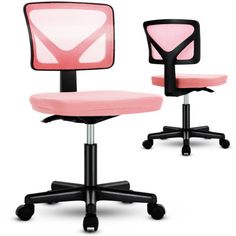 two pink office chairs with black wheels and arms, one is on the other side