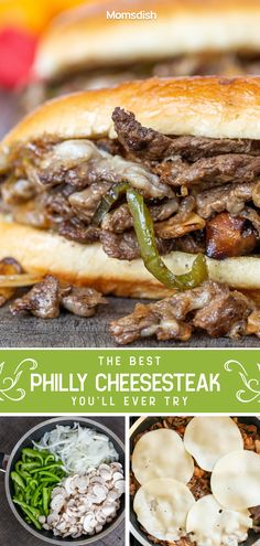 the best phily cheese steak you'll ever try is shown in three pictures