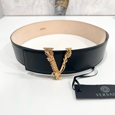 Like New Condition, Size:90cm/36” -Belt Was Marked To Prevent In-Store Returns. Versace Virtus Leather Belt Crafted From Leather, This Wide Belt Features A Barocco V With Engraved Acanthus Leaf Detailing. Barocco V Buckle Outer Composition: 100% Leather Made In Italy Wide:2”-5cm Versace Virtus Belt, Leather Belt Crafts, Versace Accessories, Acanthus Leaf, Wide Belt, Leather Belt, Versace, In Store, In Italy