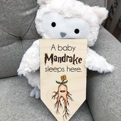 a white teddy bear holding a sign that says a baby mandrke sleeps here