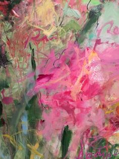 an abstract painting with pink flowers and green leaves