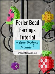 bead earrings with the words perler bead earrings tutors 4 cute designs included