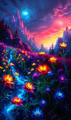 a painting of flowers in the middle of a field at night with mountains and stars