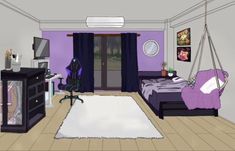 a bedroom with purple walls and white carpet