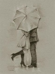 a drawing of two people standing under an umbrella