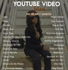 a woman sitting on top of stairs with the words youtube video ideas below her feet