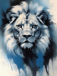 a painting of a lion with blue eyes