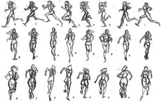 some sketches of people running and jogging in different poses, from the front to the back