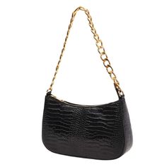 This stylish faux croc print baguette features classic gold trim detailing; small enough to carry for girl's night out but still holds all of your essentials. Product Details: Type: Clutch/HandbagComposition: Faux leather, metalColor: Black, gold accent hardwareStrap Type: Hand/armClosure: Top zipperMagnetic: NoPockets: Inner slip pocketEmbellished: N/ABag Size: SmallDimensions: 10L x 5H x 2.4WShips: 5-7 via USPS Trendy Gold Baguette Bag With Gold-tone Hardware, Croc Print, Classic Gold, Girls Night Out, Gold Accents, Gold Trim, Girls Night, Night Out, Faux Leather