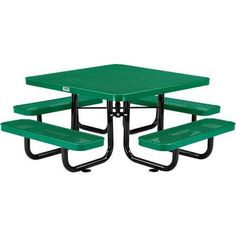 a green picnic table with four benches on each side and one bench at the end