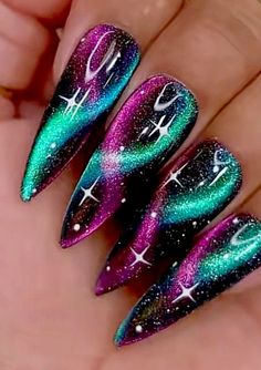 Black Purple Turquoise Nails, Teal Purple Nails, Purple And Teal Nails Designs, Nail Nail Designs, Magenta Nails, Teal Nail Designs, Purple Nail Art Designs, Nail Polish Art Designs, Sea Nails