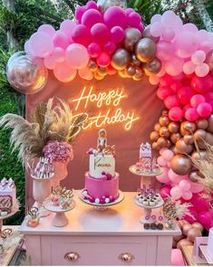 a birthday party with balloons, cake and decorations