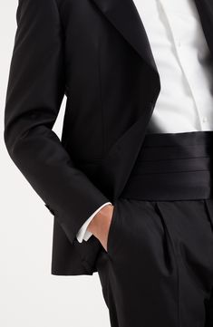 The cotton and silk satin employs the same fabric that decorates the tuxedo lapels, with a smooth texture and slightly shiny effect. Adjustable slide fastening Pleats Techniques, Stripe Silk, Eyewear Womens, Scarf Hat, Boutique Online, Shirt Skirt, Event Dresses, Brunello Cucinelli, Black Silk