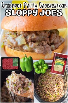 an image of sloppy joes with the words crockpot phily cheese steak