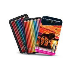 colored pencils are shown in front of an image of a horse on the cover