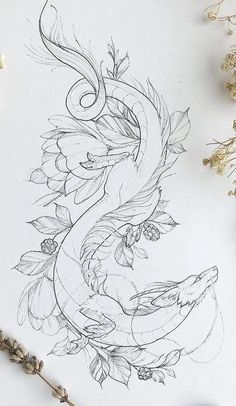 a drawing of a dragon with flowers and leaves on it's back, sitting next to some dried plants