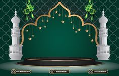 a green and white background with an arch, stars and mosques on the corner