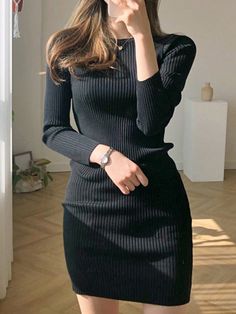 Black Casual Collar Long Sleeve Knitwear Plain  Embellished Medium Stretch  Women Clothing Women Ideas, Sweater Dress Women, Ribbed Knit Sweater, Knit Sweater Dress, Jumper Dress, Black Casual, Dress P, Fashion Online Shop, Pug