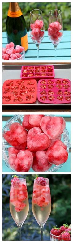 the process for making strawberry shortcakes is shown in three different pictures, including one with