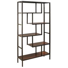 a book shelf with three shelves on one side and two open shelves on the other