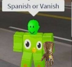 a green robot holding a gold object in its hand and an empty sign above it that says spanish or vanishing