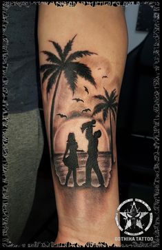 a man and woman are walking on the beach with palm trees in silhouette tattoo design