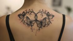 the back of a woman's neck with butterflies on it