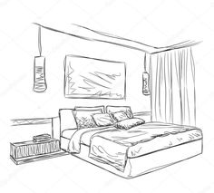 sketched bedroom with bed and nightstands