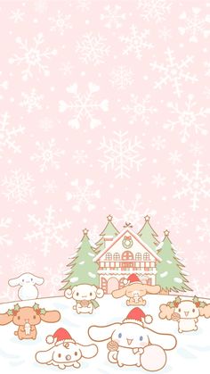 a pink christmas background with snowflakes and teddy bears in front of a house