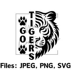 a tiger head with the word tigers on it's side and paw prints in black