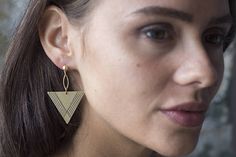 Triangle Earring Brass Earring Dangle Earrings Drop Triangle Metal Earrings For Gift, Modern Nickel-free Triangle Earrings, Minimalist Triangle Nickel-free Earrings, Minimalist Nickel-free Triangle Earrings, Everyday Gold Triangle Earrings, Triangle Shaped Single Earring As A Gift, Triangle Single Earring As Gift, Elegant Everyday Triangle Earrings, Brass Earring