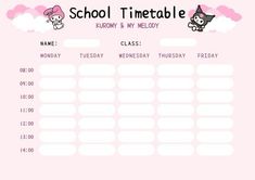 a pink school timetable with hello kitty on the top and clouds in the bottom corner