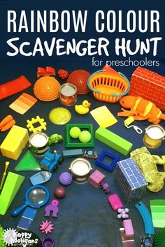 rainbow colored scavenger hunt for preschoolers with text overlay that reads rainbow color scavenger hunt for preschoolers