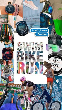 a collage of various images with the words swim, bike, run and triathlon