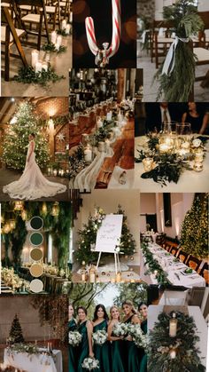 a collage of photos with green and white decorations, candles, christmas trees, and candy canes