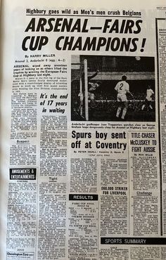 an old news paper with the words arsenal - fairs cup champs on it