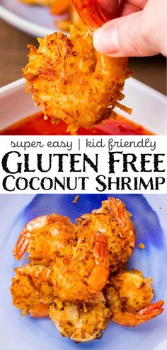 there is a plate with shrimp on it and the words gluten free coconut shrimp