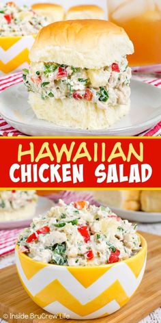 hawaiian chicken salad in a bowl on a cutting board with the words hawaiian chicken salad above it