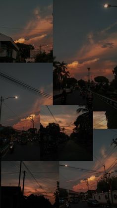 multiple pictures of the sky at dusk with street lights and telephone poles in foreground