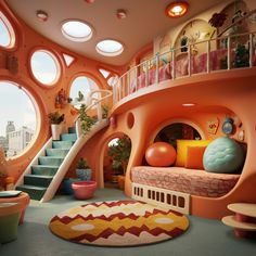 the interior of a futuristic home with circular windows and colorful decor on the walls, carpeted flooring and stairs