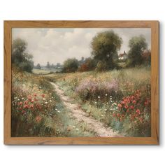 an oil painting of a country road with wildflowers and trees in the background