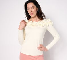 Whether you want to charm the room or just your dining companion, a little drama at the neckline never hurts. In a silky, feel-good ponte knit, this top is an elevated substitute for the usual tees and tunics -- but just as effortless to pair with a variety of pants and skirts. From BEAUTIFUL by Lawrence Zarian. Feminine Evening Top, Elegant Fitted Cream Top, Cream Feminine Stretch Top, Elegant Cream Stretch Blouse, Boat Neckline, The Room, Tunics, Top Blouse, Drama