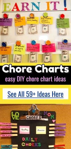 a bulletin board with words and pictures on it that read, chore chart easy diy chores chart ideas see all 59 + ideas here