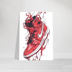 a painting of a red sneaker shoe with black and white paint splatters on it