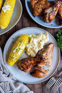 grilled chicken, mashed potatoes and corn on the cob